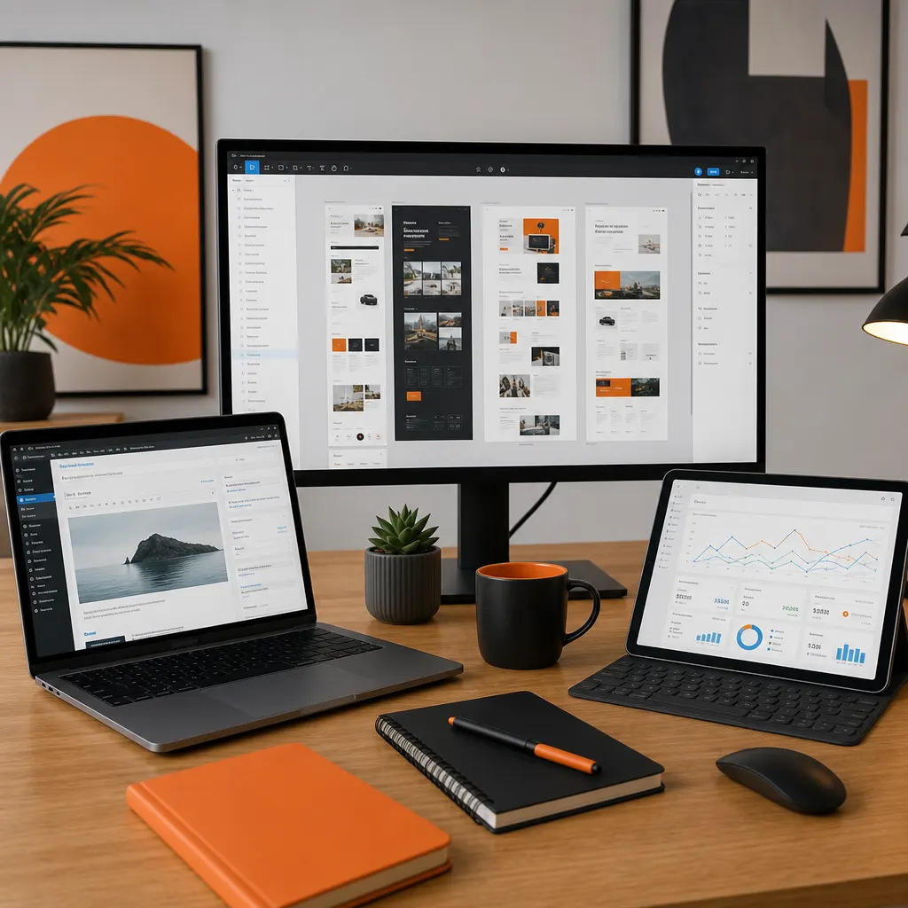 Figma, CMS and analytics tools on a desk