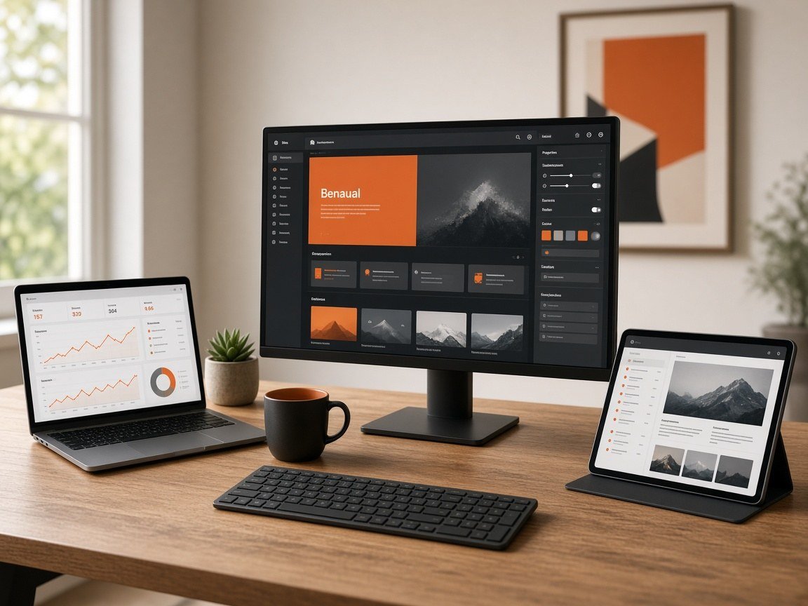 Design, analytics, and business tools on a desk representing technology, design, digital marketing, and business solutions