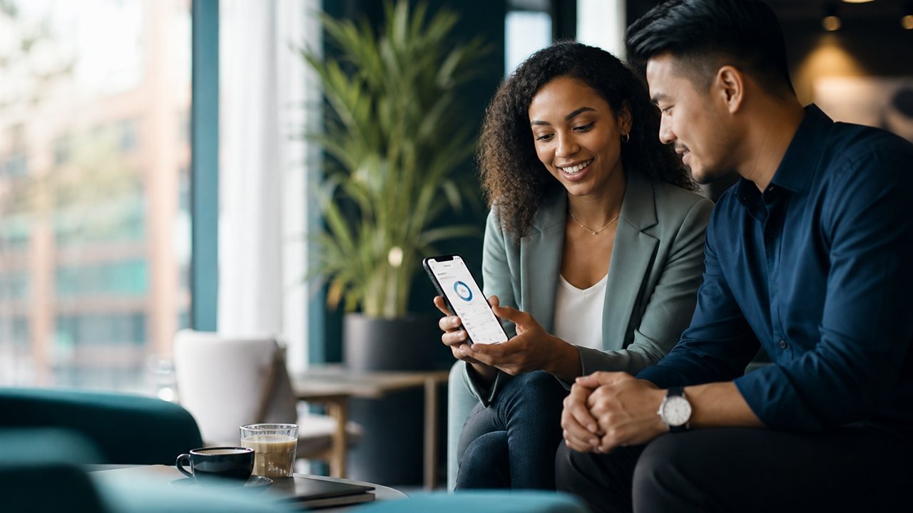 Customers using smartphones to interact with a modern business app