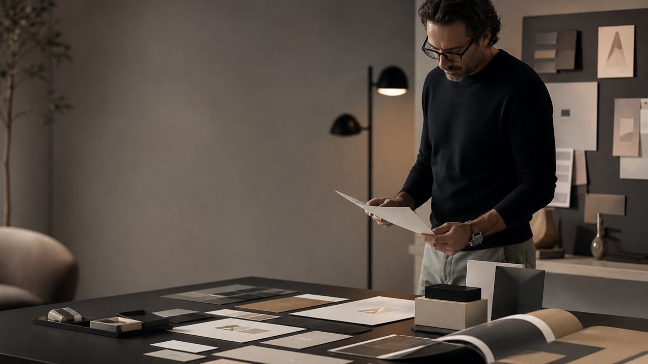 Brand identity materials arranged in a premium branding studio