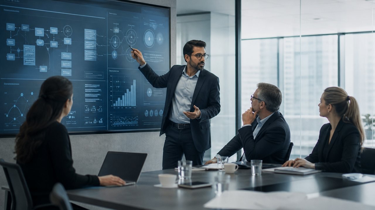 Leaders reviewing a digital strategy board with a technology consultant