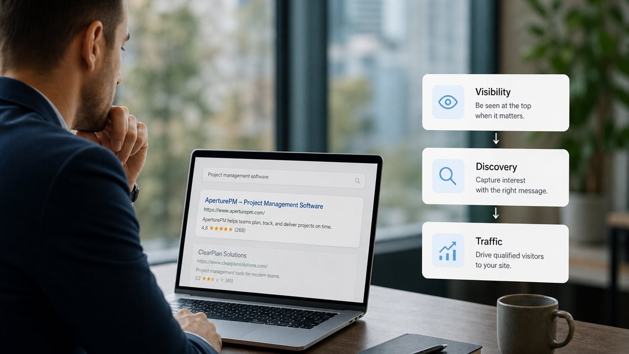 Marketer reviewing competitive search visibility on a laptop